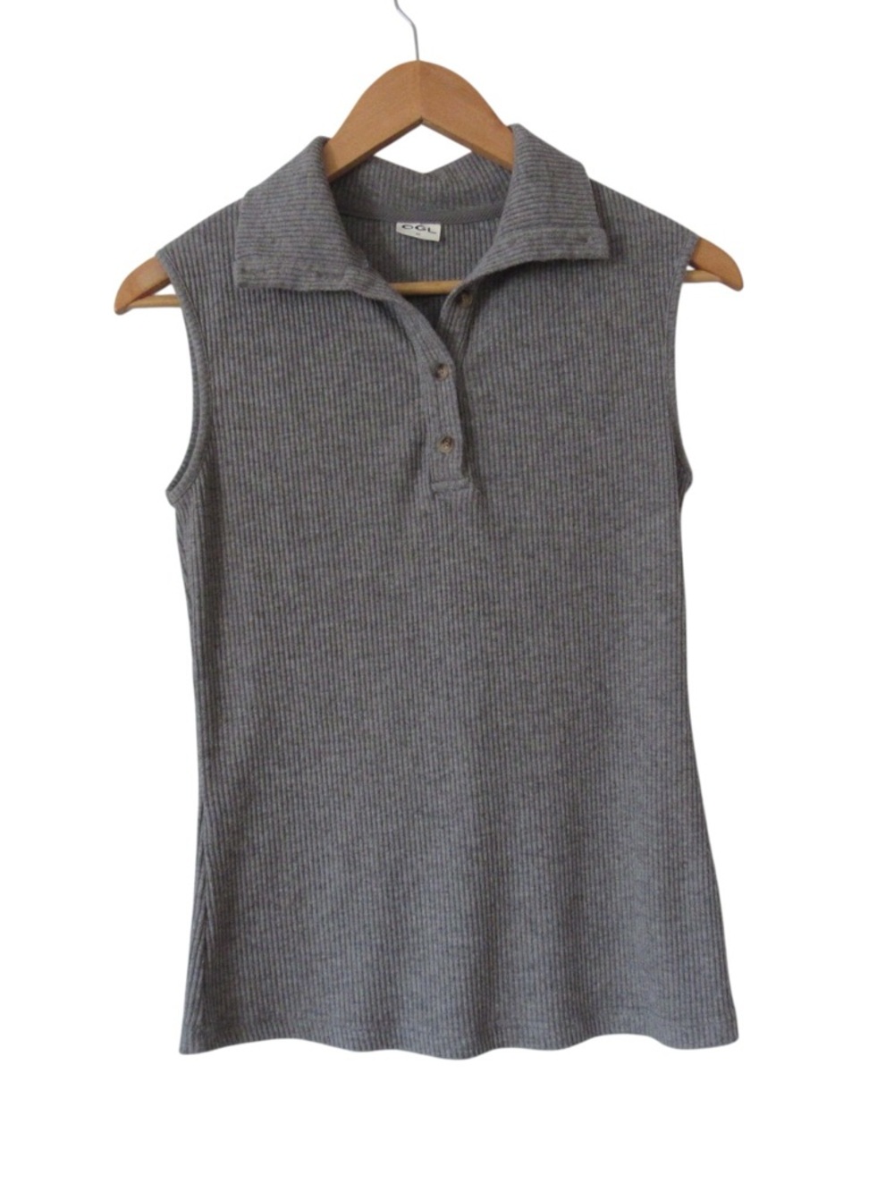 OGL Gray Ribbed Sleeveless Top Medium Henley Collared Stretch Classic Minimalist